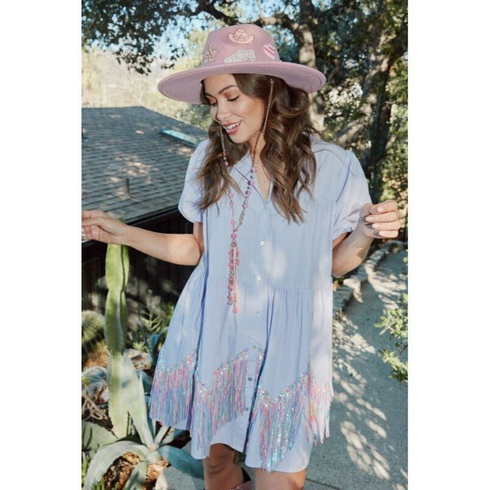 Fantastic Fawn Call Me Pretty Fringe Chevron Babydoll Dress in Lavender IFD54214 - Picture 4 of 14